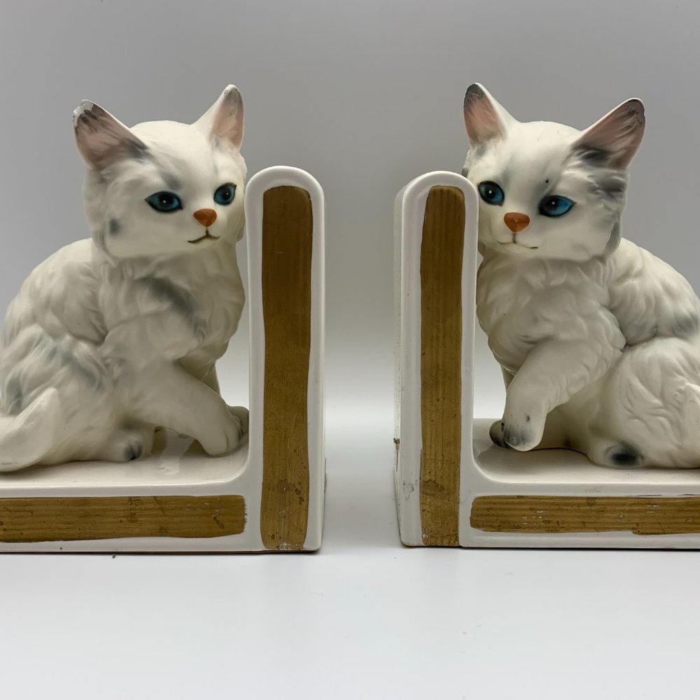 Vintage Mid-Century Modern Lefton Porcelain White Cat Bookends - a Pair
